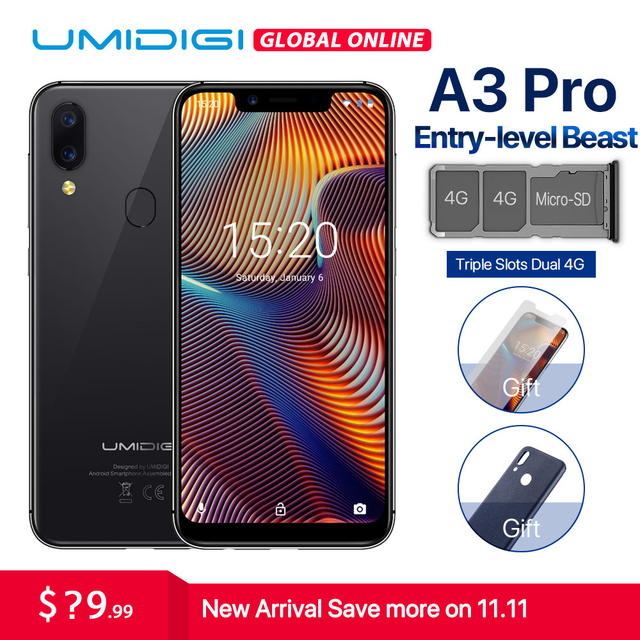 Best Price UMIDIGI A3 Pro Global Band 5.7"19:9 FullScreen 3GB+32GB Quad core Android 8.1 12MP+5MP 3300mAh Face Unlock Dual 4G Cell phone